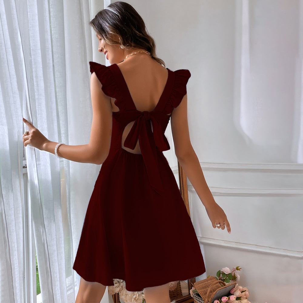 Backless Cotton Dress With Ruffles