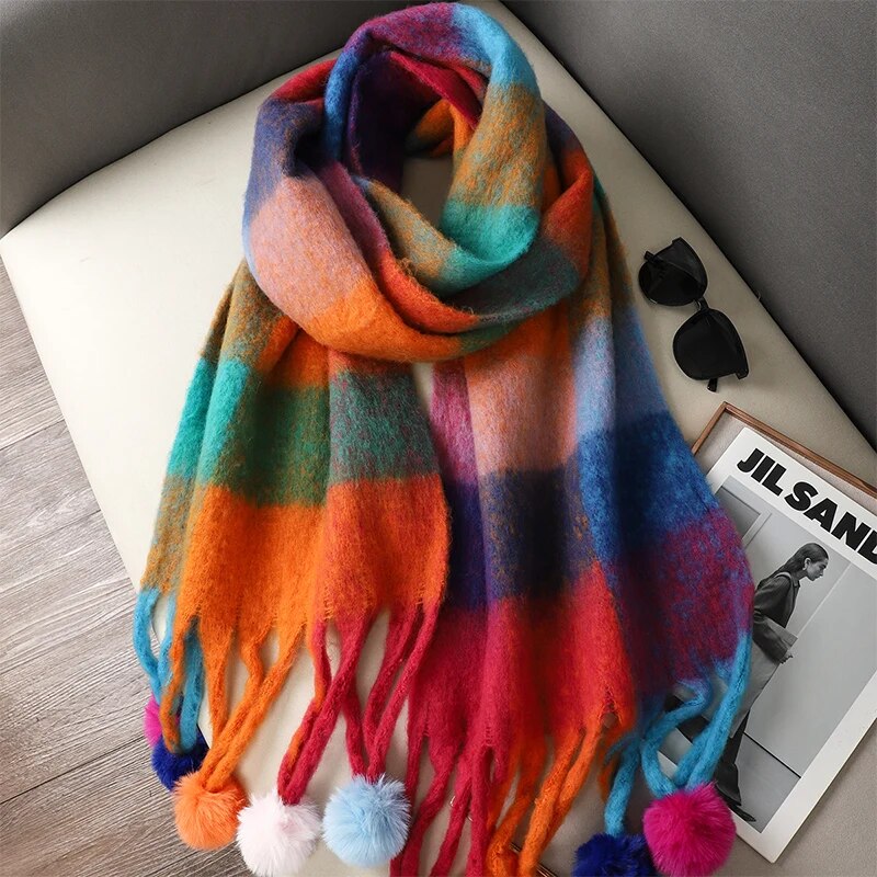 Colourful Plaid Scarf With Pom-Poms