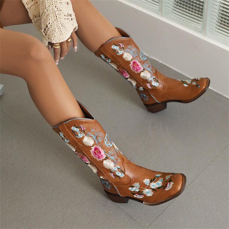 Brown Flower Embroidery Cowboy Boots