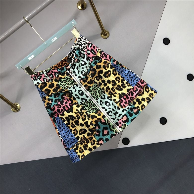 Multi-Colour Leopard Print Denim Skirt