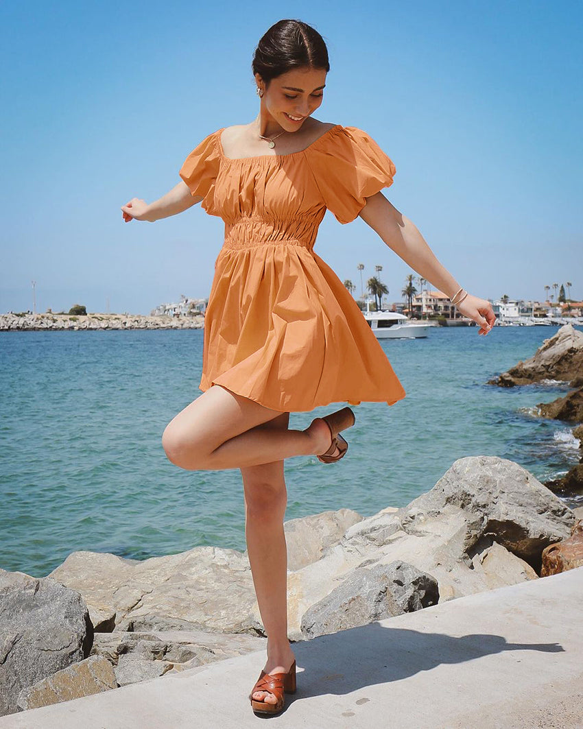 Orange Cotton Off-Shoulder Dress
