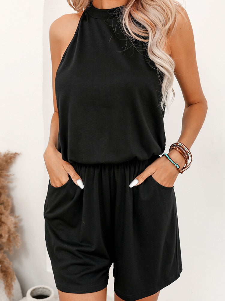 Hollow-Out Halter-Neck Shorts Romper