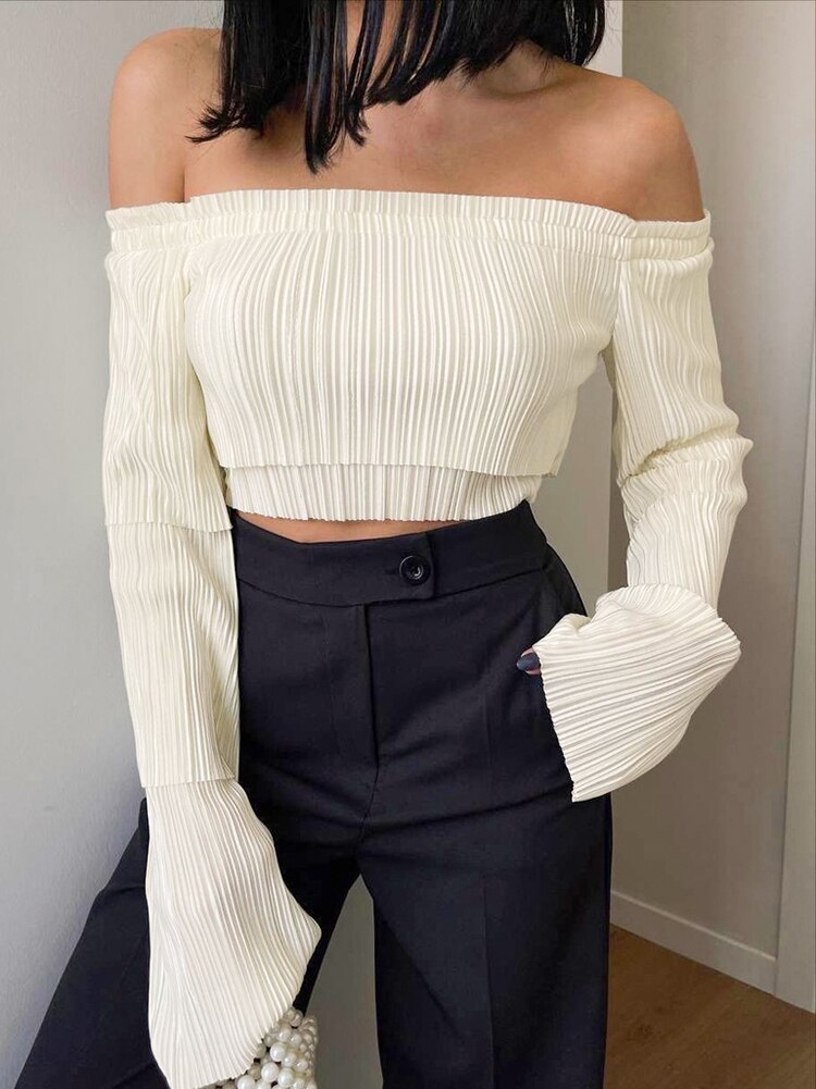 Layered Pleated Off-Shoulder Blouse