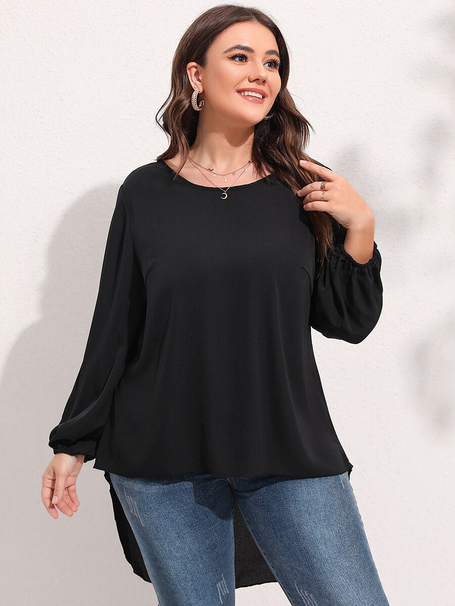 L-4XL High To Low Blouse With Lace Trim