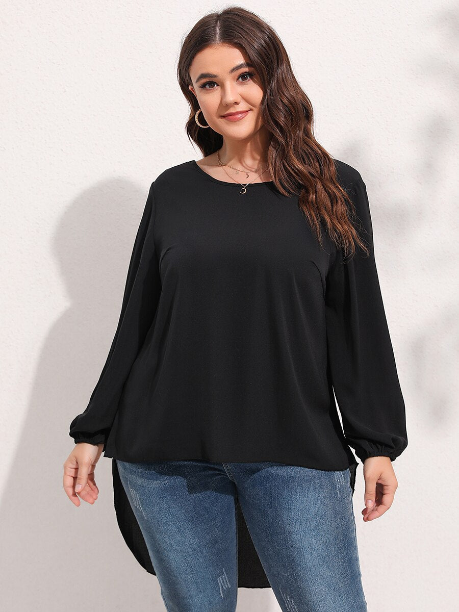L-4XL High To Low Blouse With Lace Trim