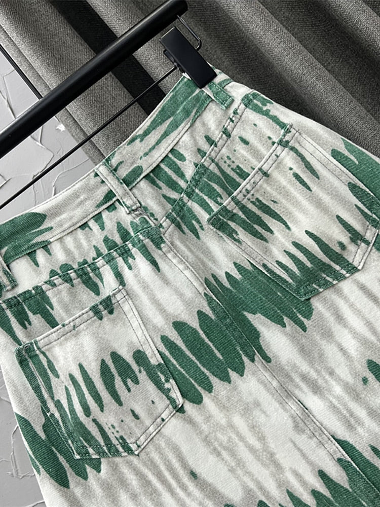 Leaf-Print Denim Skirt