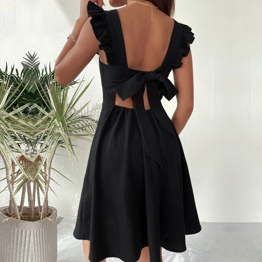 Backless Cotton Dress With Ruffles
