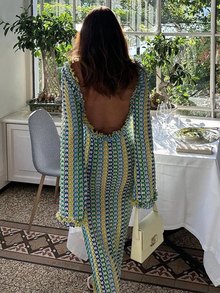 Long Backless Crochet Dress With Ruffles