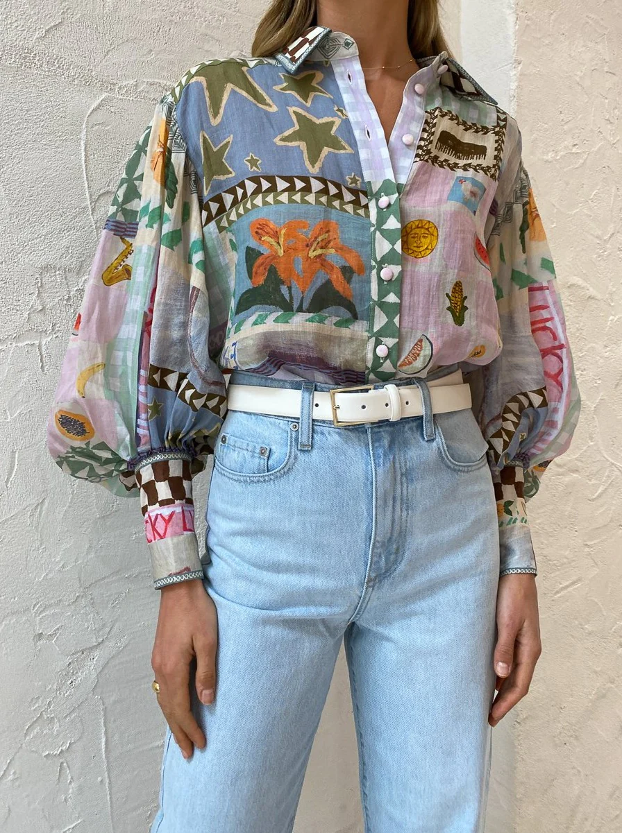 Colourful Printed Shirt With Lantern Sleeve