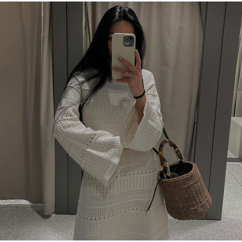 White Knitted Flare Sleeve Dress