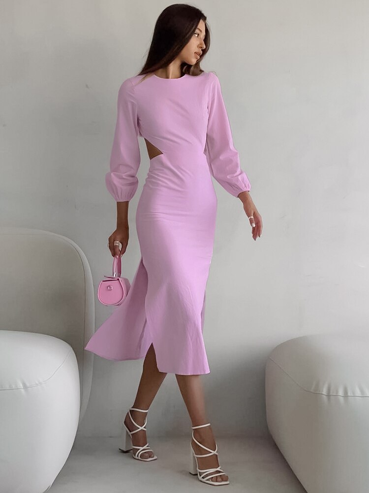 Pink Hollow-Out Midi Dress