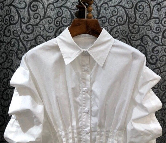Irregular Pleated Shirt With Ruched Button Sleeves