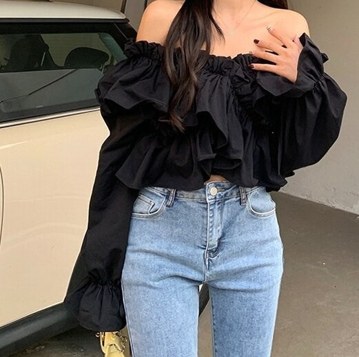 Off-Shoulder Cropped Blouse With Ruffles