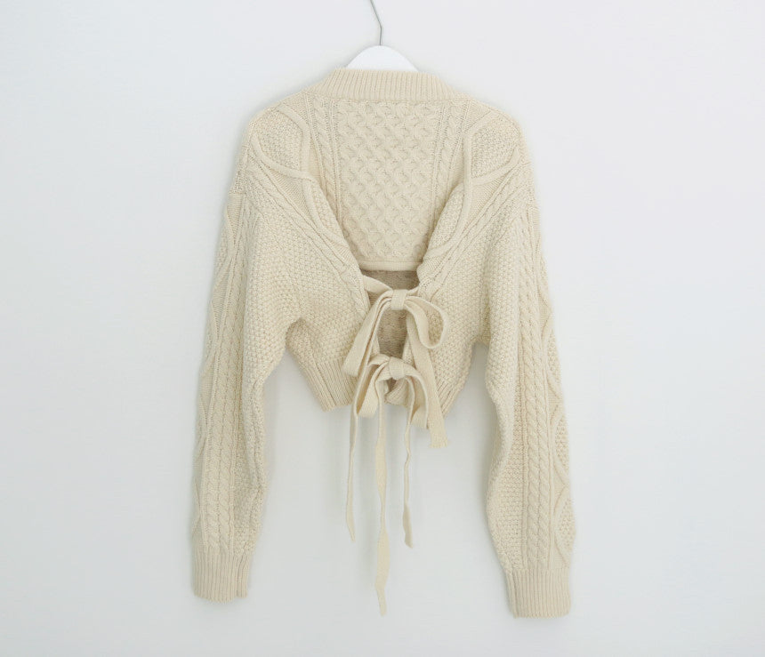 Cropped Lace-Up Cable Knit Sweater