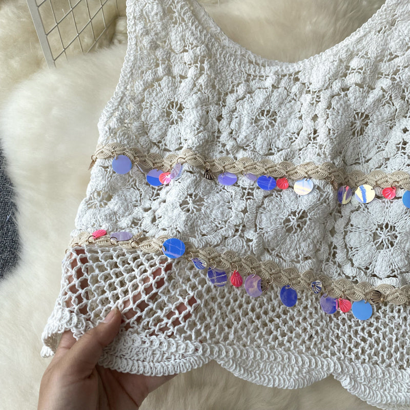 Drop Sequin Crochet Shorts Set