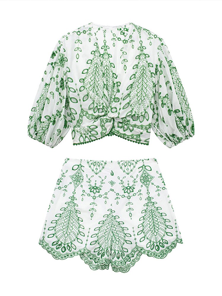 Green Embroidery Shorts Set