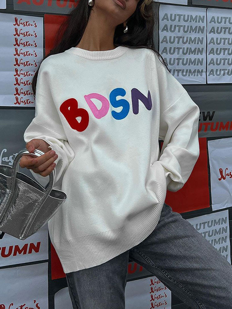 Loose White Vibrant Letter Sweater