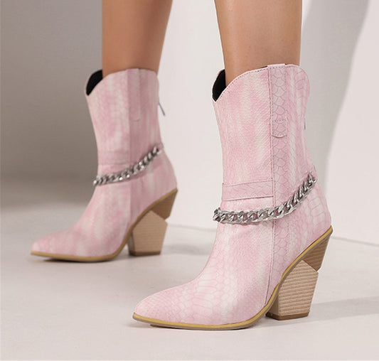Snake-Skin Patten Cowboy Boots With Chain