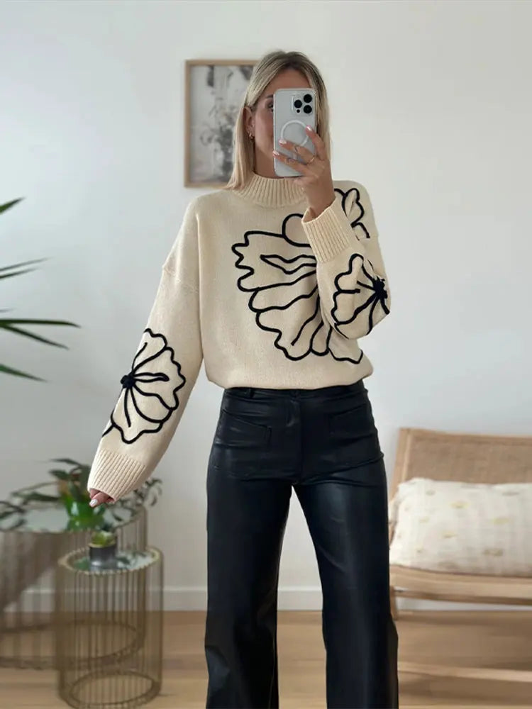 Elegant Printed Knit Oversized Sweater