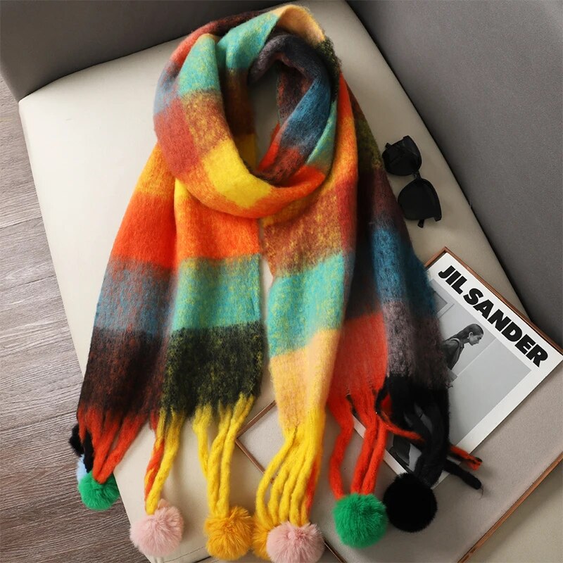 Colourful Plaid Scarf With Pom-Poms