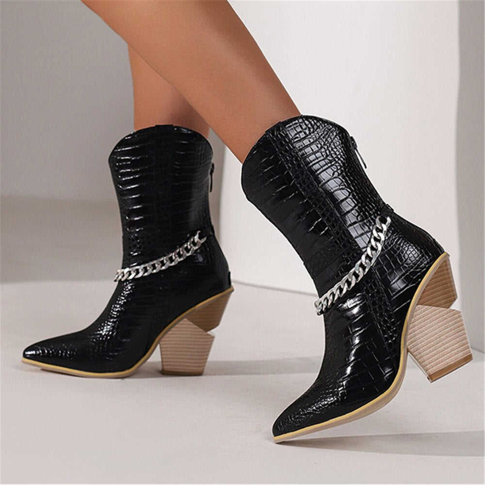 Snake-Skin Patten Cowboy Boots With Chain