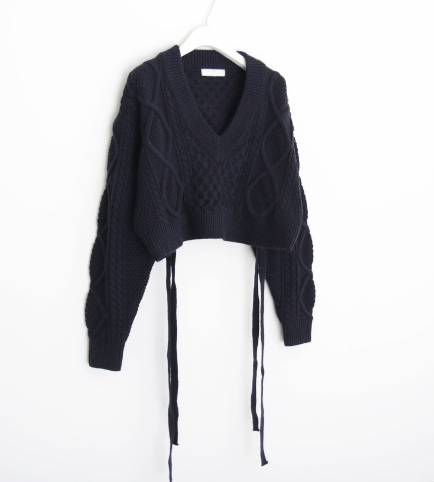 Cropped Lace-Up Cable Knit Sweater