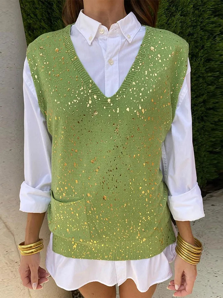 Knitted Vest With Gold Metallic Splashes