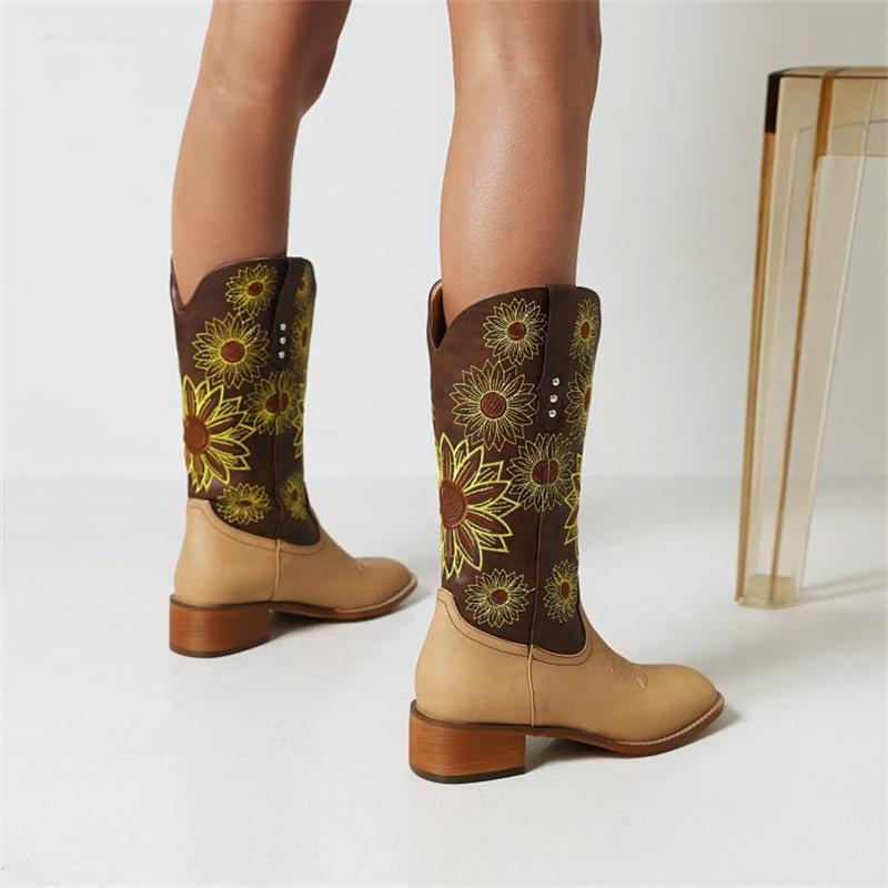 Yellow Embroidery Sunflower Cowboy Boots