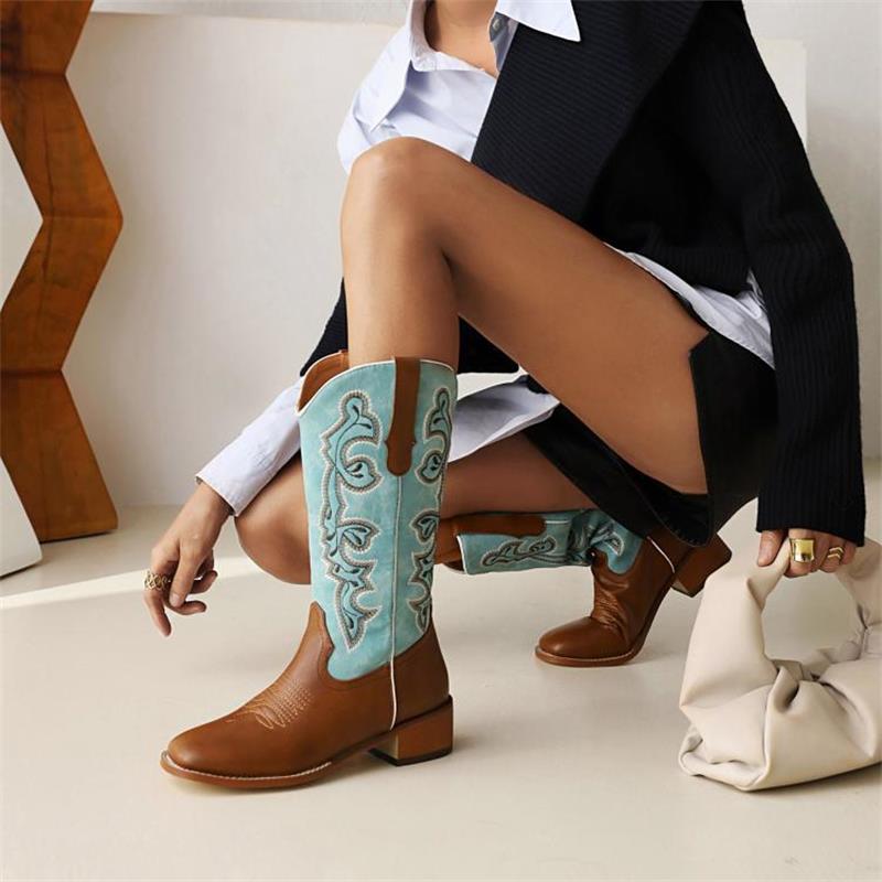 Brown & Blue Embroidered Cowboy Boots