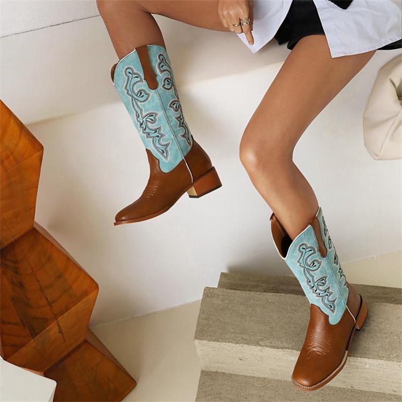 Brown & Blue Embroidered Cowboy Boots