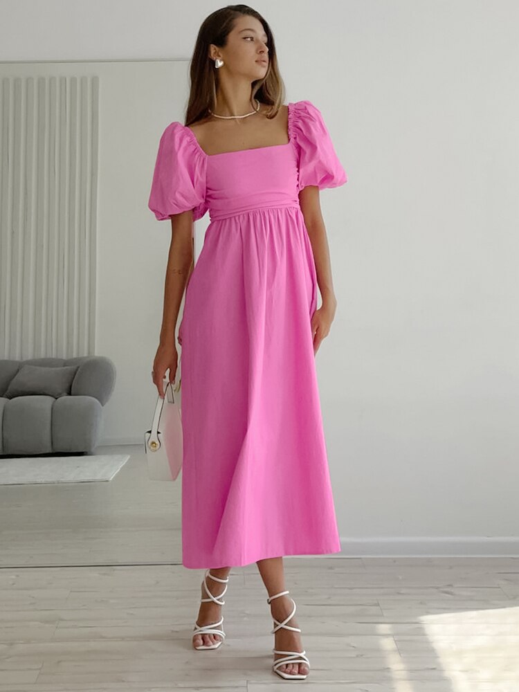 Square Neck Pink Cotton Dress