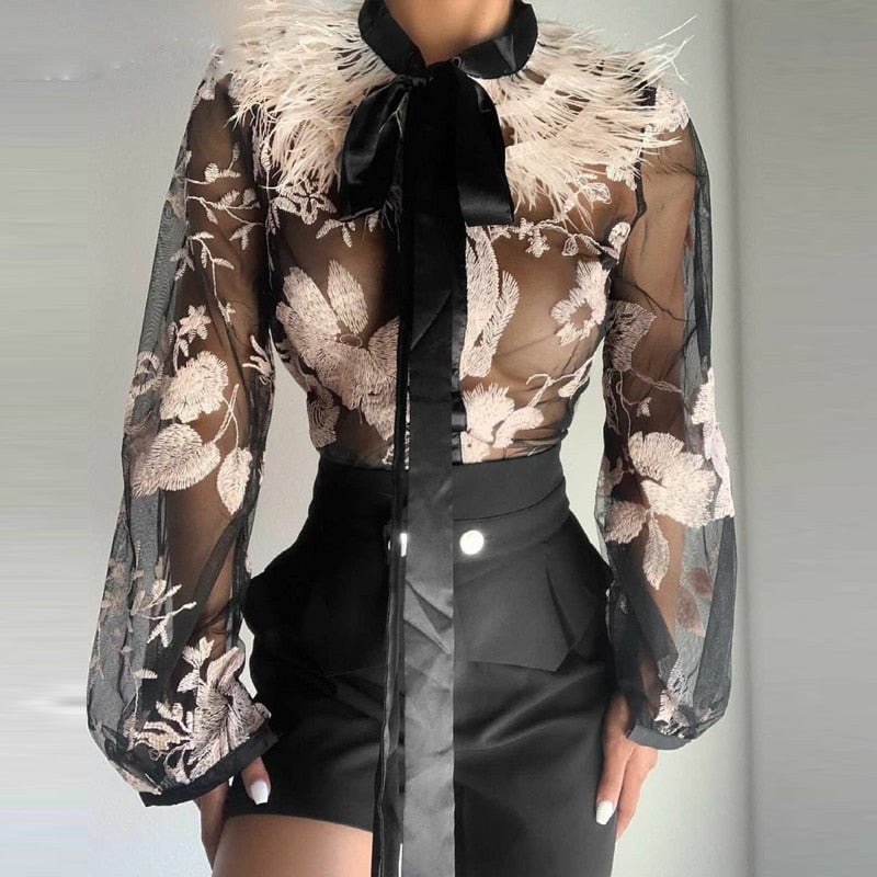 Flower Mesh Blouse With Feather Collar