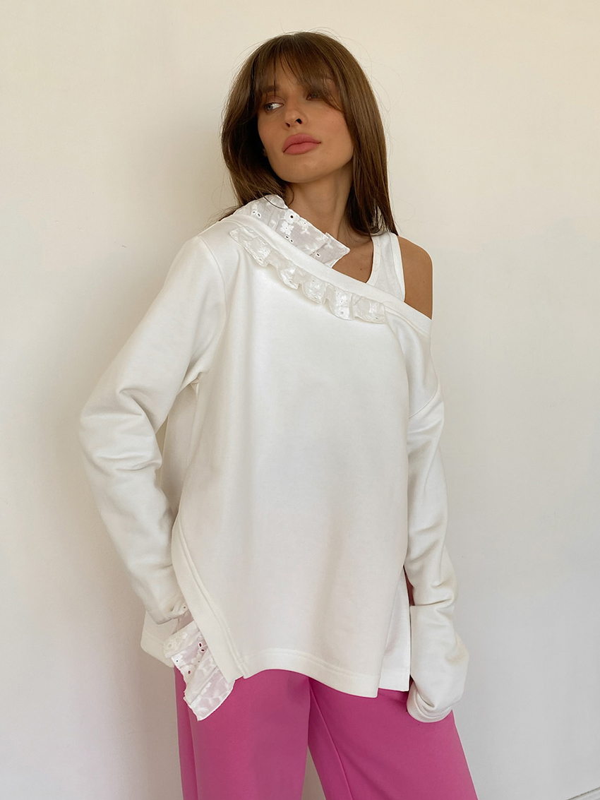 Asymmetrical Long-Sleeve T/Shirt With Lace