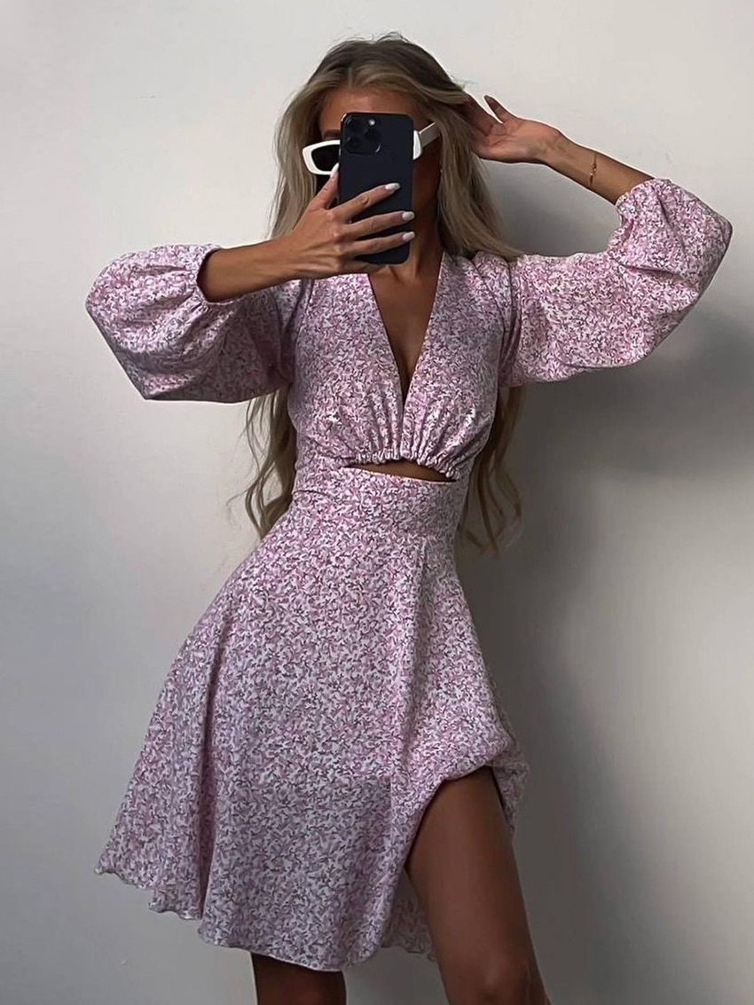 Pink Floral Hollow-Out Dress