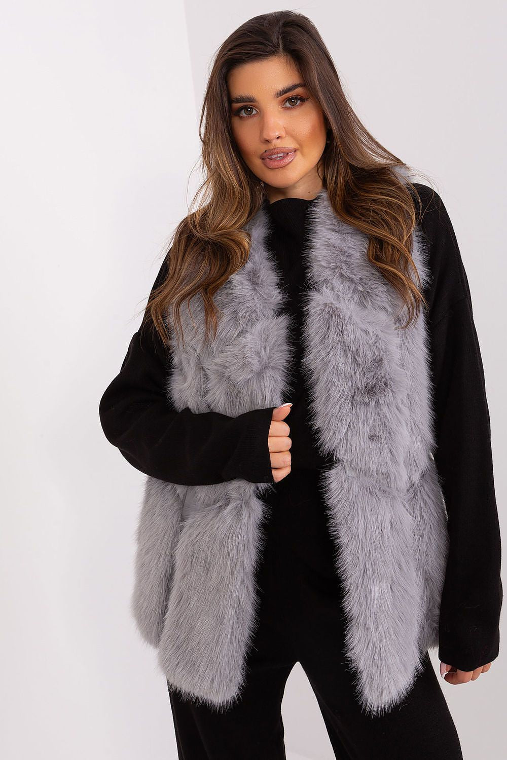 Womens Faux Fur Gilet Vest Grey Front