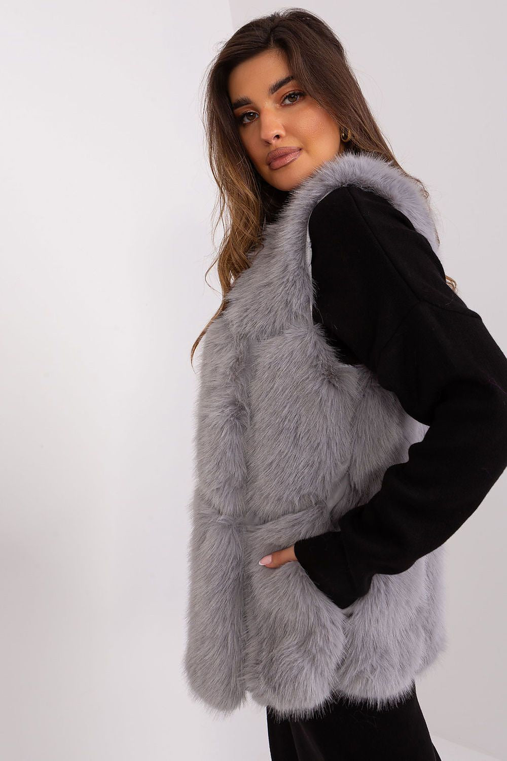Womens Faux Fur Gilet Vest Grey side view-2