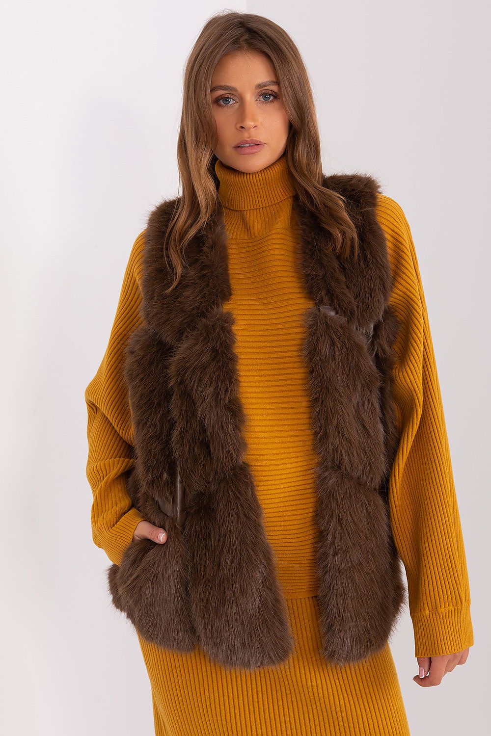 Womens Faux Fur Gilet Vest Chocolate Detail