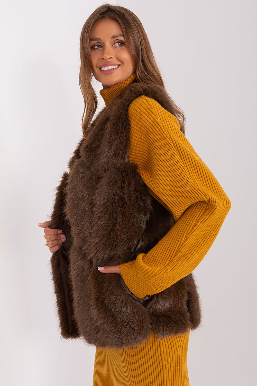 Womens Faux Fur Gilet Vest Chocolate  Detail side view