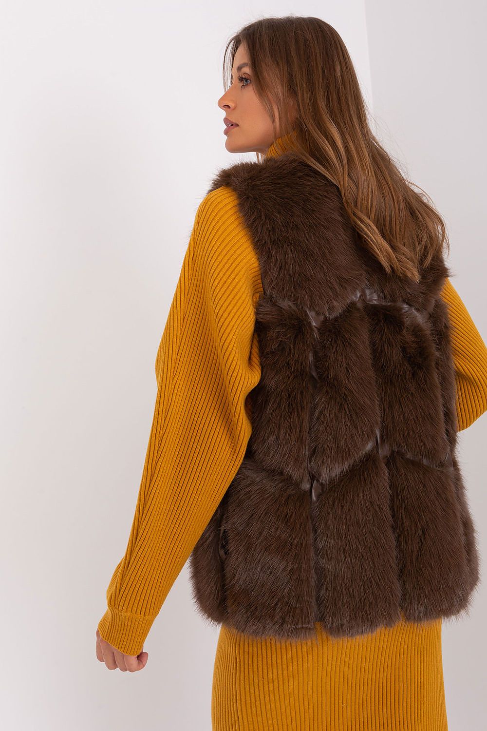 Womens Faux Fur Gilet Vest Chocolate rear view Detail