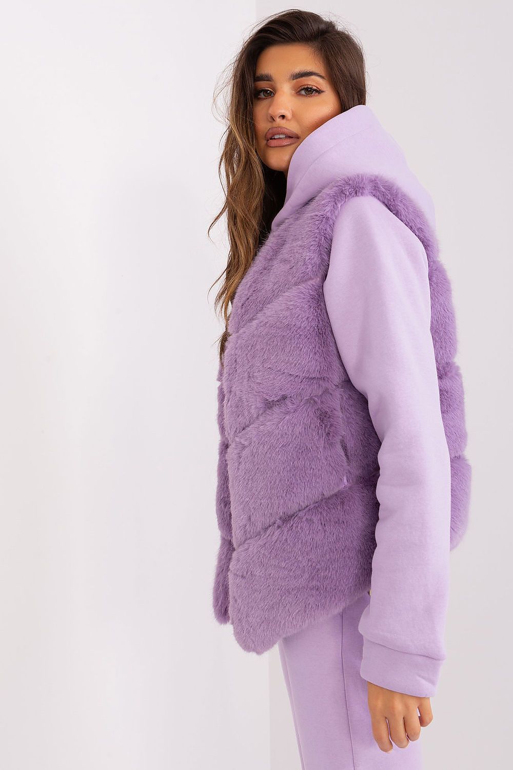 Women's violet faux fur gilet with practical pockets
