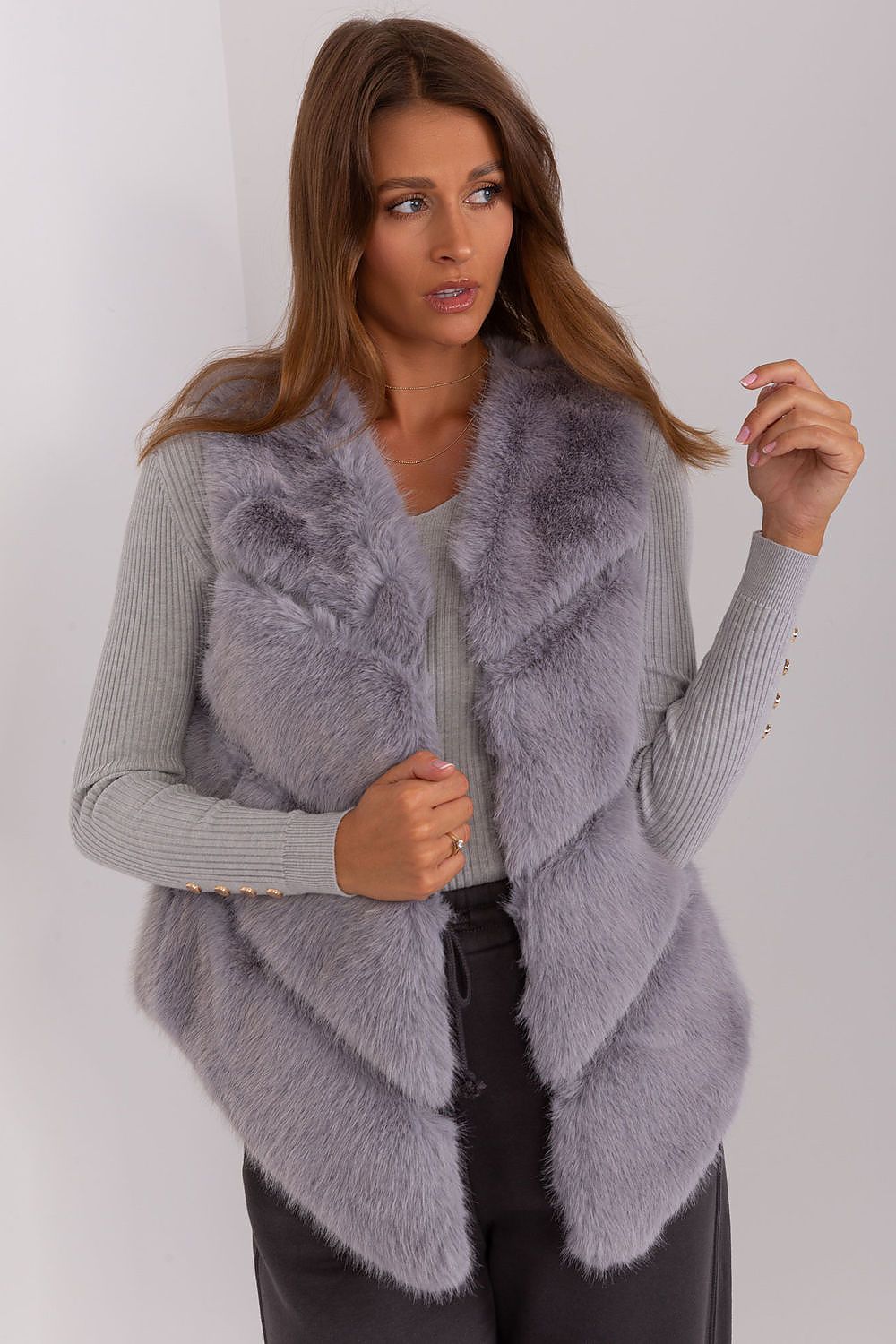 Women's grey faux fur gilet with practical pockets 