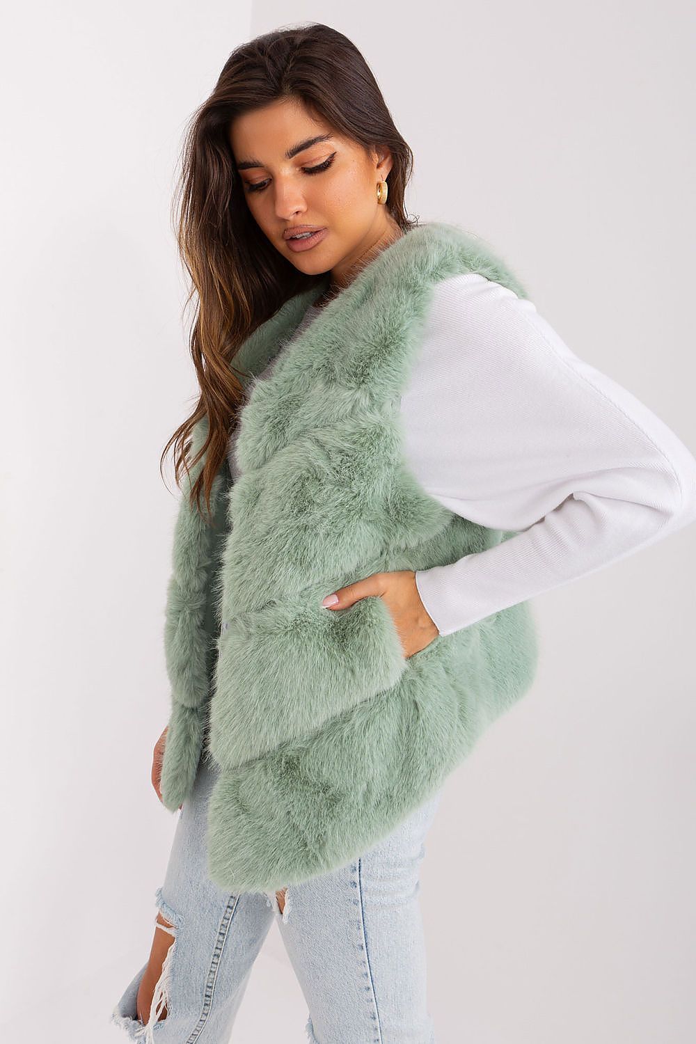 Women's green faux fur gilet with practical pockets