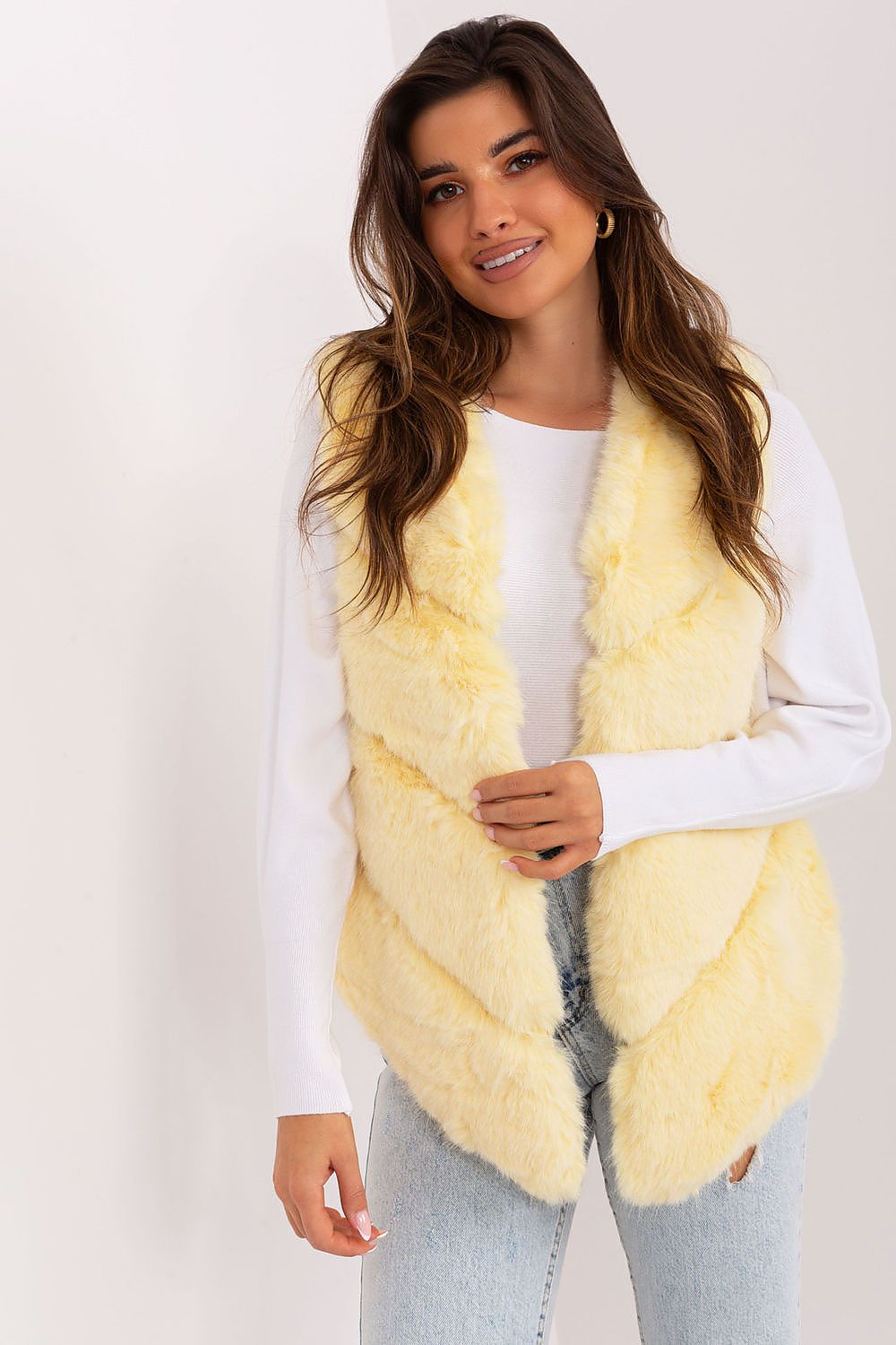 Women's yellow faux fur gilet with practical pockets
