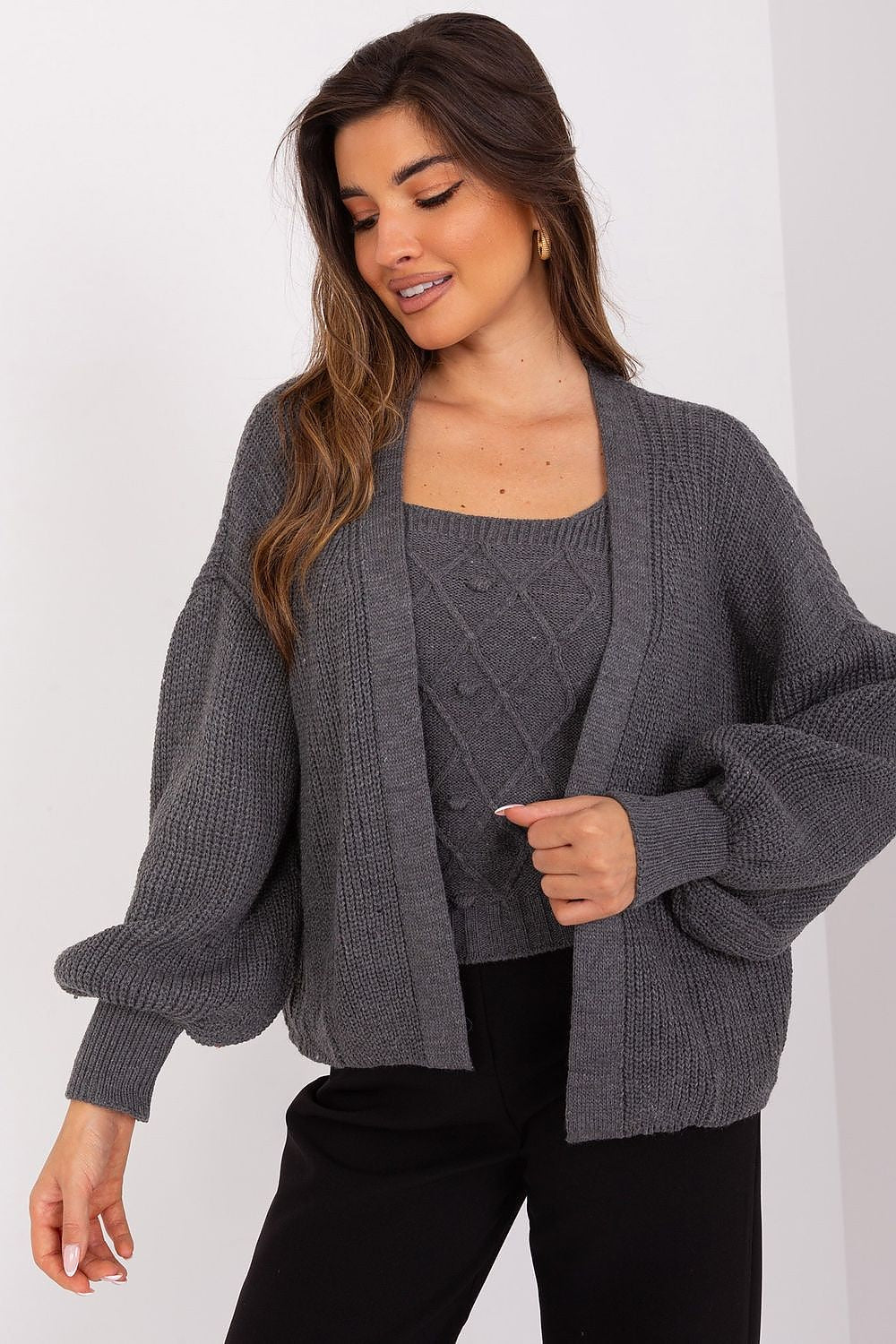 Strapless top and cardigan set with buff sleeves in grey