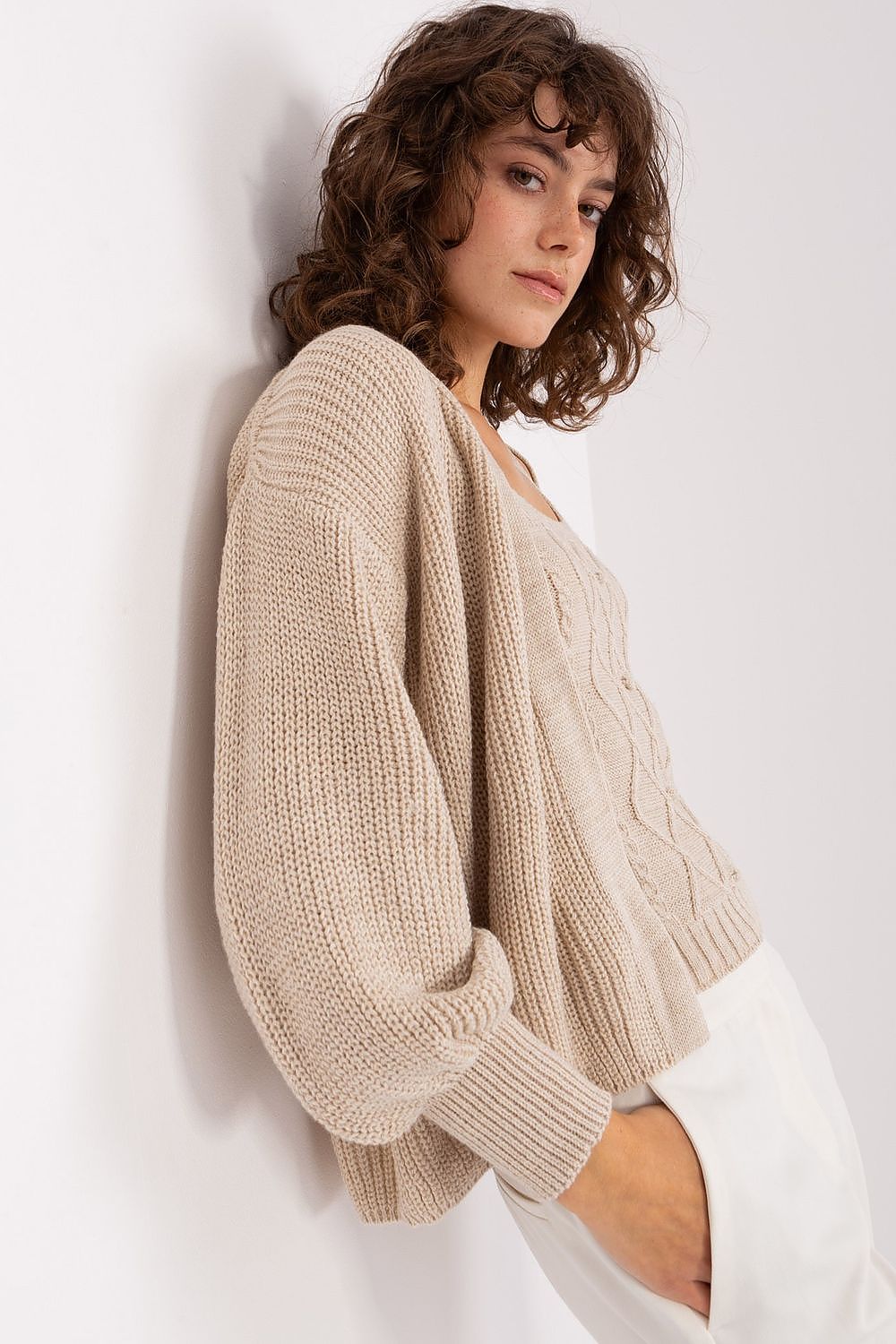 Strapless top and cardigan set with buff sleeves in beige