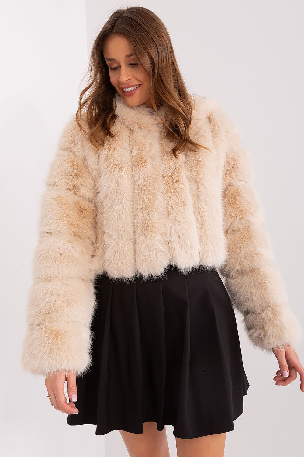 Women's beige hooded faux fur jacket with long sleeves and short modern fit