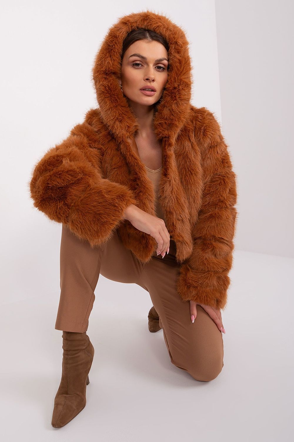 Brown faux fur hooded jacket styled for a stylish autumn outfit