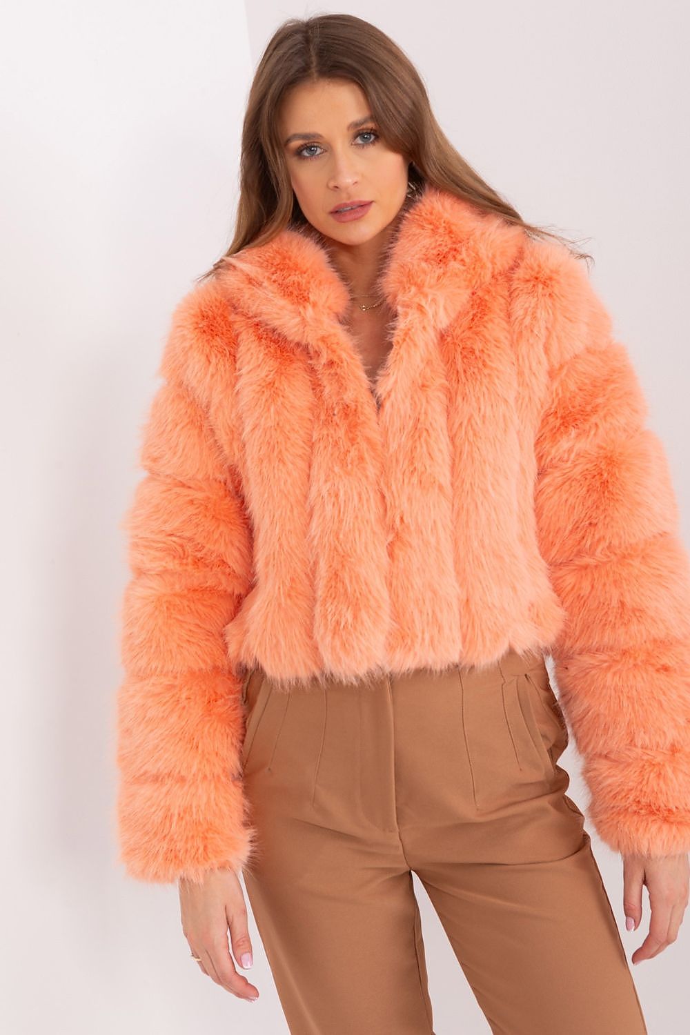  Women's orange hooded faux fur jacket with long sleeves and short modern fit