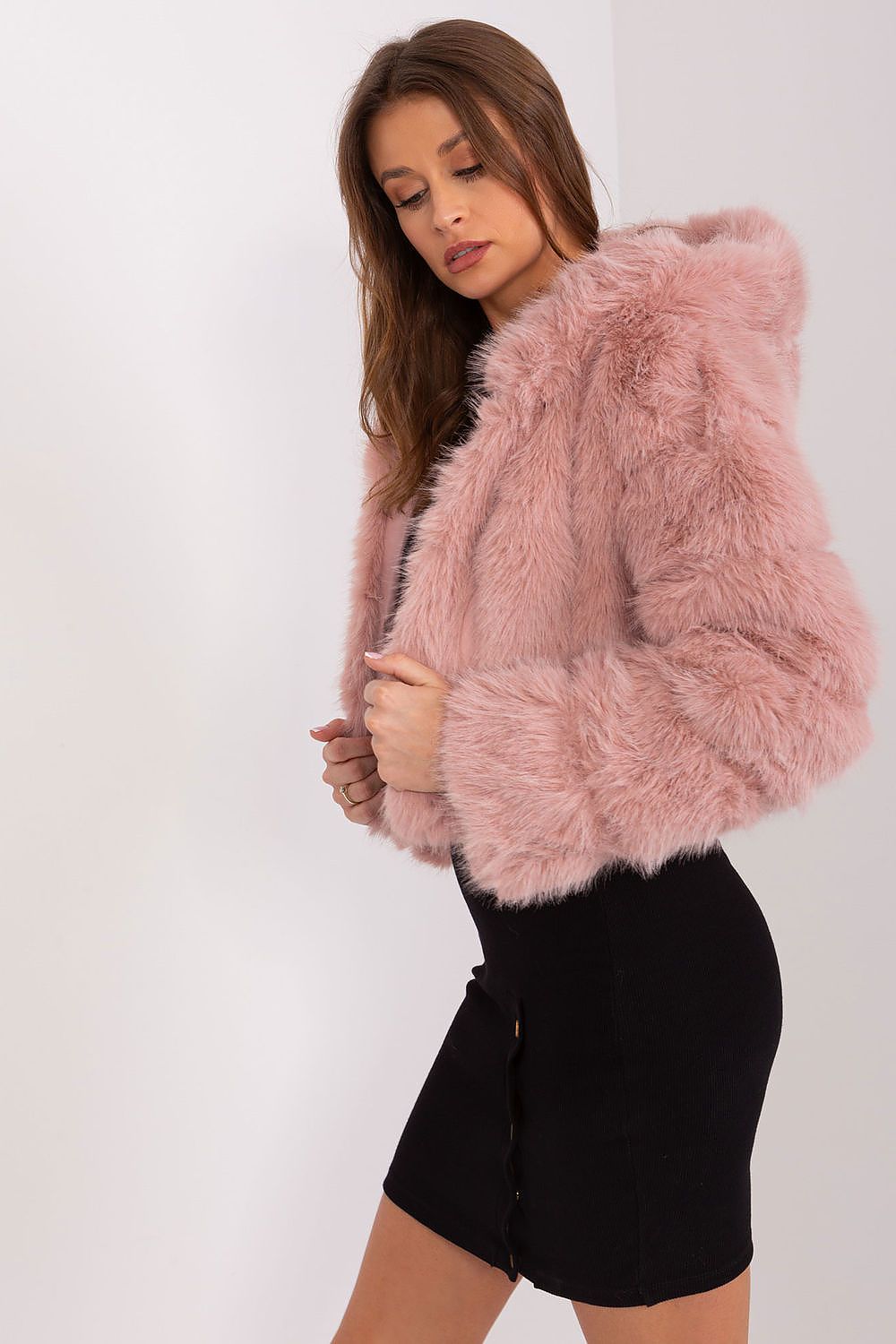 Women's lightweight pink faux fur jacket with lined interior and easy fastening