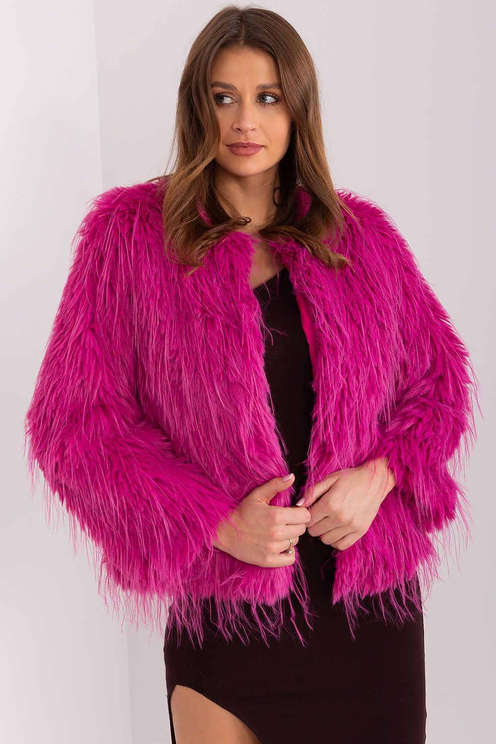 pink elegant jacket with fur trim and hook closure